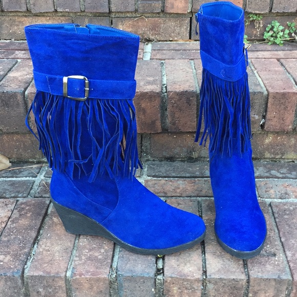 BLUE SUEDE FRINGE TRIM BUCKLE MIDCALF WEDGE BOOTS - Picture 3 of 6